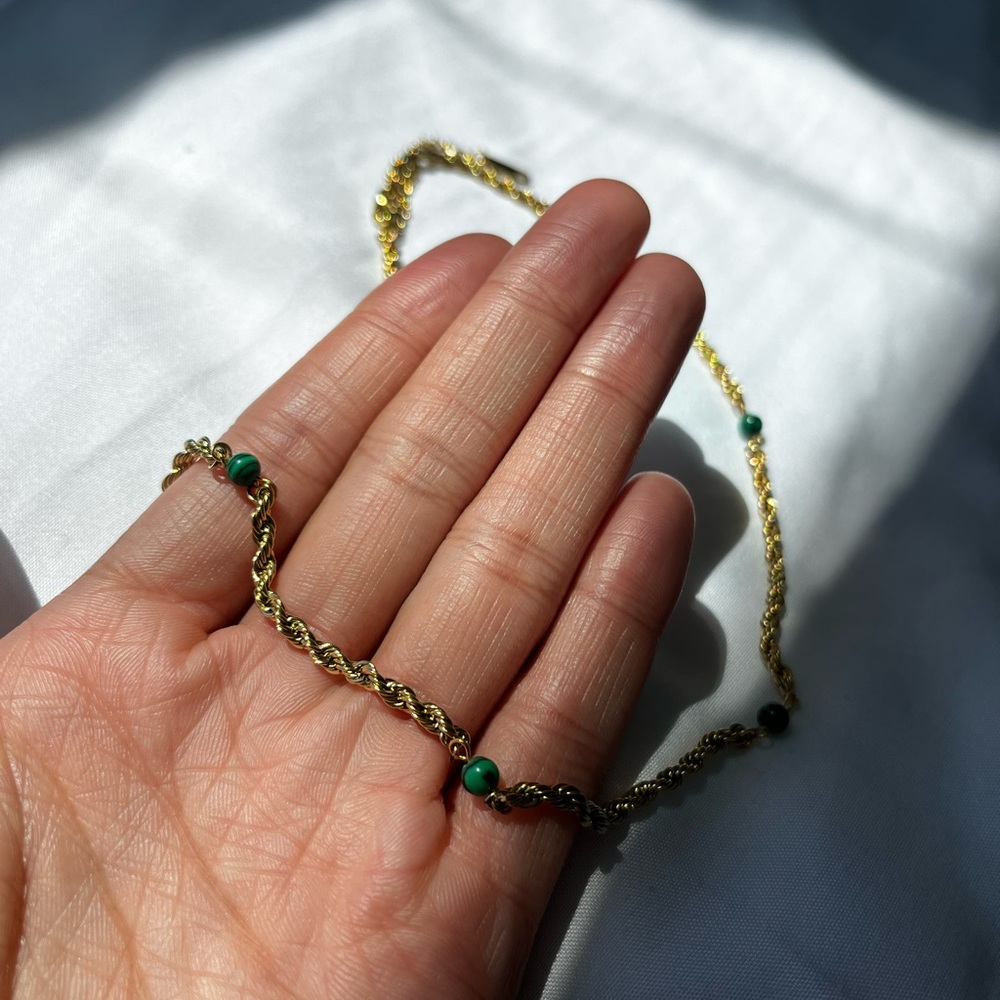 Gold Rope Necklace With Green Gemstones!